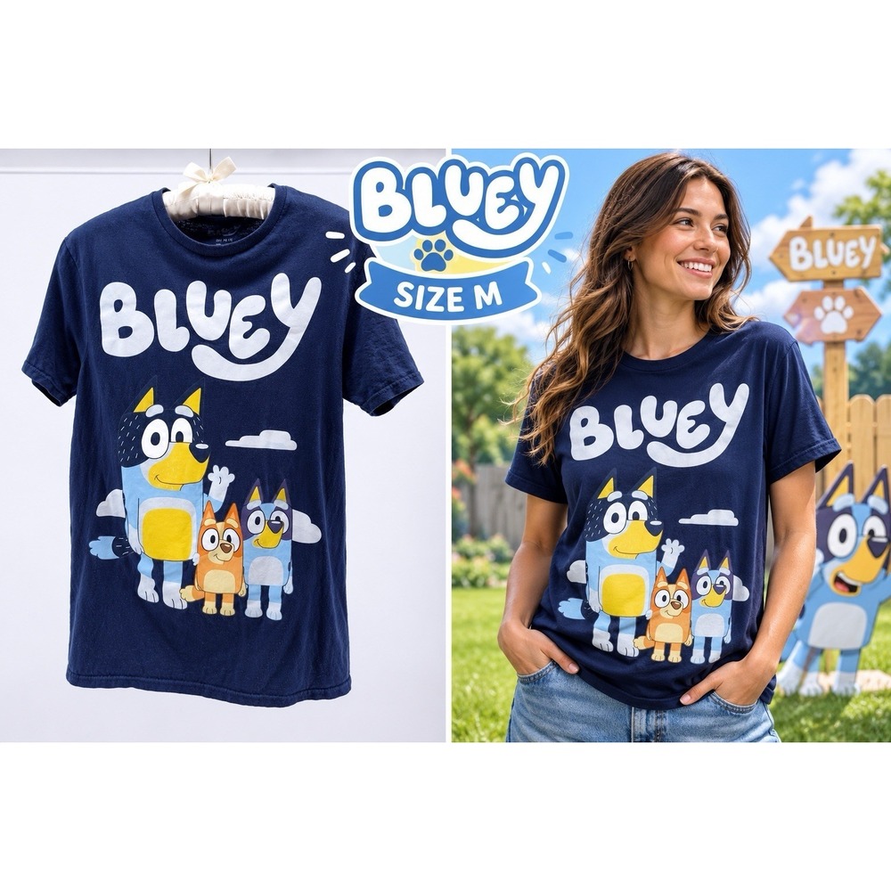 Bluey Family Graphic T-Shirt Size M Navy Cartoon TV Show Short Sleeve Tee